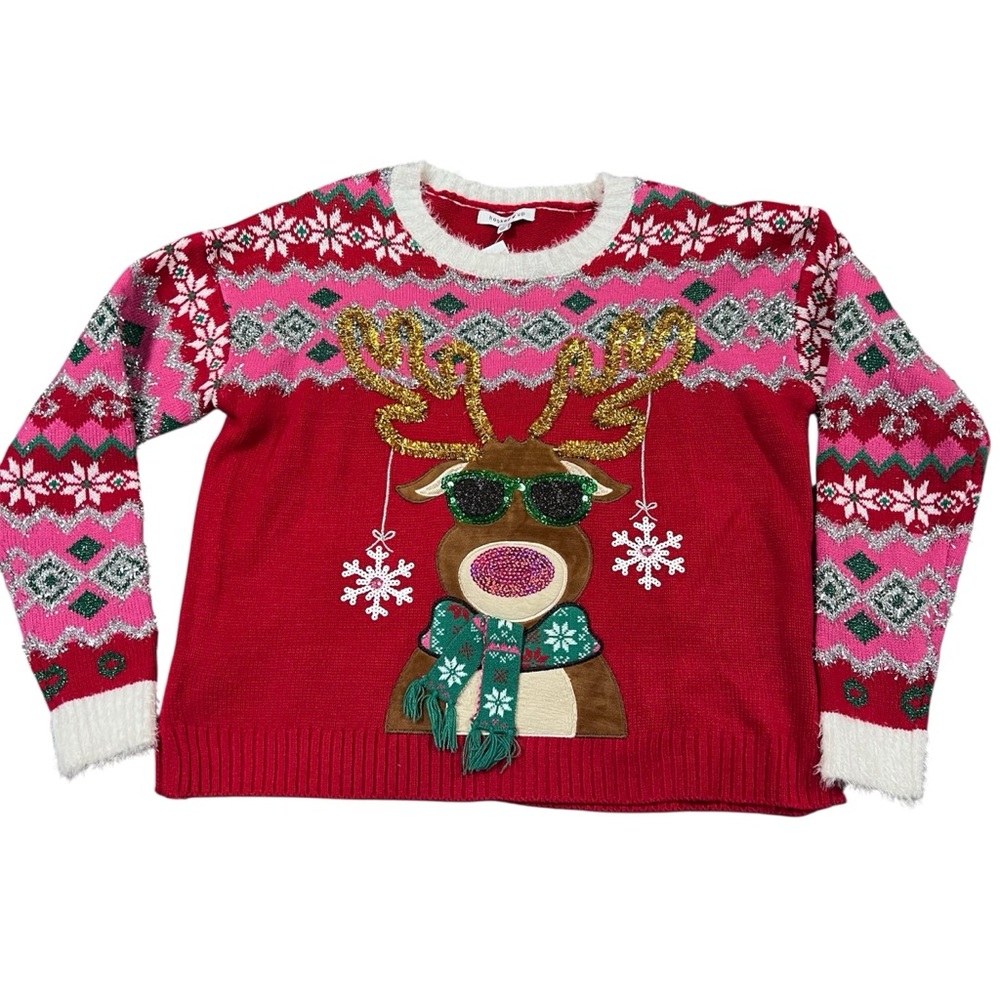 Hooked Up by IOT Juniors Reindeer Ugly Christmas Sweater Sz M NWT